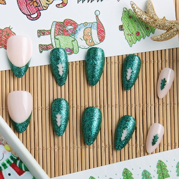 30pcs Shining Green Short Almond Press On Nails with Tree and French Tips for Themed Costumes, Reusable Nail Kit with Nail Adhesive Tabs Mini Nail File, 15 Sizes (Green)