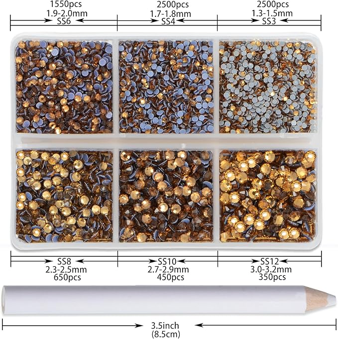 NCB Hotfix Iron on 8000pcs Crystal Rhinestones Round Gem for Crafts Decoration DIY Jewelry Making with a Picking Pen (Crystal Yellow, 6Sizes SS3-SS12)