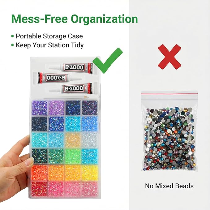 9000Pcs Rhinestones for Bedazzling, 5mm Bedazzler Kit with Flatback Rhinestones for Clothes Crafting Crafts Nails Clothing, Flat Back Resin Rainbow Colorful Colored Crystal with B 7000 Glue Clear