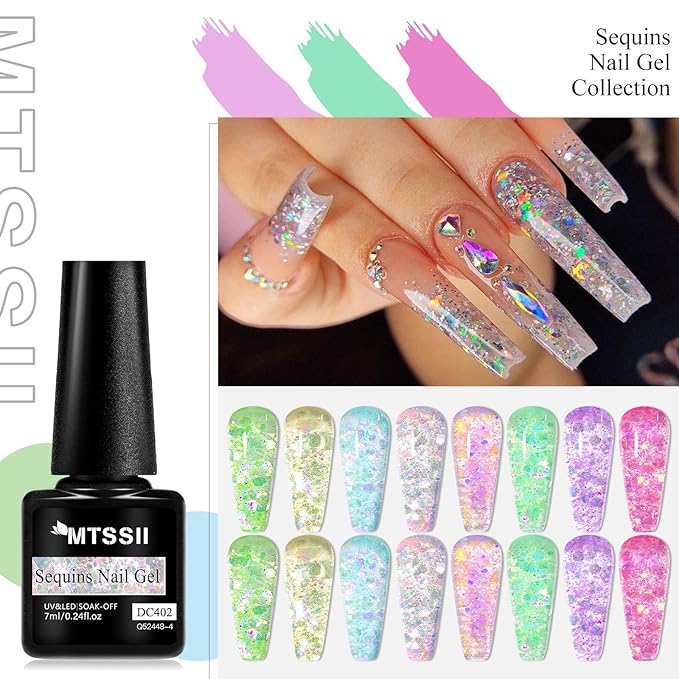 MTSSII Jelly Glitter Gel Nail Polish Set 8 Pcs Transparent Glass Flowinglight Gel Polish Sheer Shiny Sequins Pink Blue Green Purple Gel Nail Kit for Nail Art DIY Manicure at Home