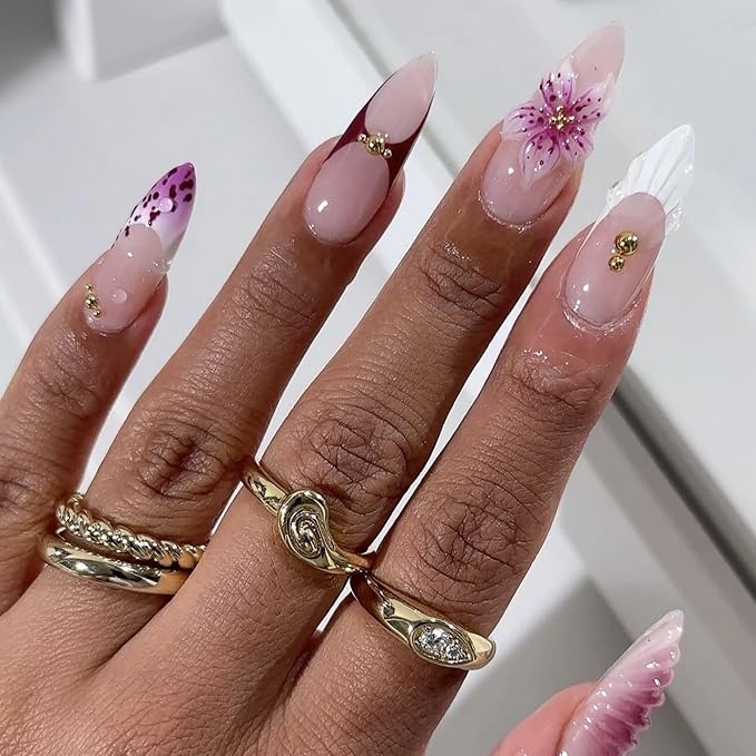 Almond Press on Nails Long Fake Nails French Artificial Nail Purple Floral Designs Stick on Nail for Women 24pcs