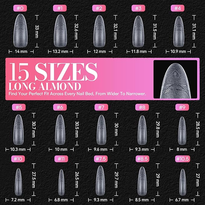 Makartt Long Almond Nail Tips: with Scales for Convenient Shape, Matte, 240 PCS, 15 Sizes, Fake Nails Stiletto - Full Cover Acrylic Press On Nail Extensions Manicure DIY Home for All Nail Beds