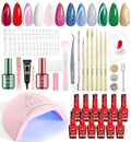 Beetles 67Pcs Gel Nail Polish Kit with U V Light - 12 Colors Valentine’s Day Gel Polish Set Red Jelly Cat Eye Pink Glitter Nail Kit with Acrylic Holder Display Manicure Gifts for Women Teen Girls