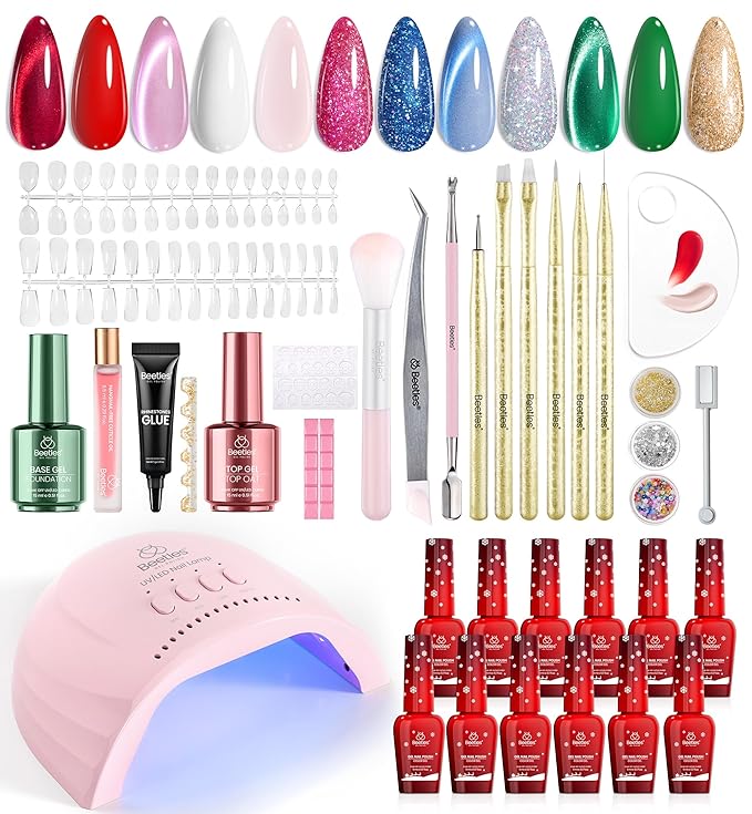 Beetles 67Pcs Gel Nail Polish Kit with U V Light - 12 Colors Valentine’s Day Gel Polish Set Red Jelly Cat Eye Pink Glitter Nail Kit with Acrylic Holder Display Manicure Gifts for Women Teen Girls