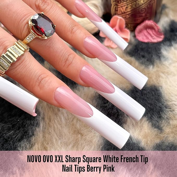 NOVO OVO XXL Square Nail Tips - 150Pcs Soft Gel Nail Tips, Pre-Colored Berry Pink White French Tip, No C Curve Straight Acrylic False Nails for Extension, PMMA Gel X Tips Press on Nails Kit (15 Sizes)