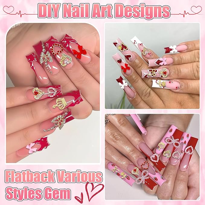 BELICEY Valentines Gold Heart Nail Charms 3D Metal Red Heart Nails Rhinestone and Gem Flatback Pink Bow Nail Jewelry for Valentine‘s Day DIY Manicure Decorations for Women Accessories Supplies