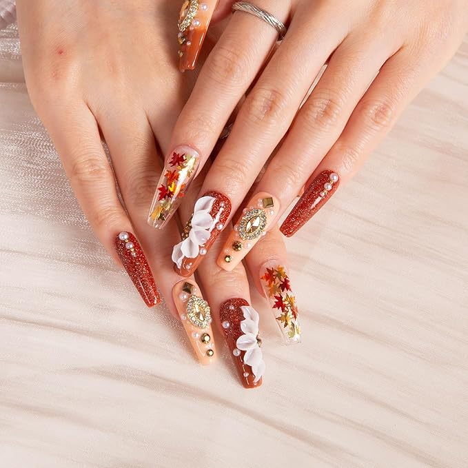 LOVFUL Press on Nails Golden Cascade | Handmade with Full Covered Crystals | Reusable Full Cover Nails | Coffin Classic Regular 1.3 in | H343-S