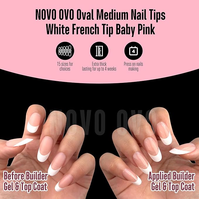 NOVO OVO White French Tip Oval Nail Tips Press on BABY PINK, Extra Thick Medium Soft Gel Fake Nail Acrylic Extension, Need Builder Gel Top Coat, No Glue Included, for Salon DIY x 15 Sizes 240 pcs