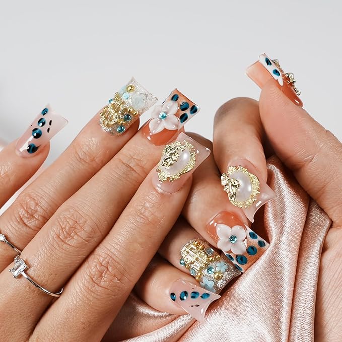 Handmade Press on Nails Short Duck, Luxury 3D Charms - Vintage Baroque Angel & Cross Design, Reusable Thick Acrylic for Nail Art (Angel's Realm, M)