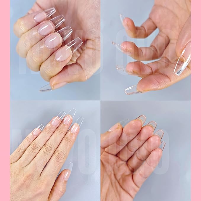 NOVO OVO Medium Coffin Nail Tips Extra Thick Press on No C Curve, Soft Gel Natural Fake Nail Extension, Full Cover Clear False Nails for Acrylic, French Manicure Salon DIY x 14 Sizes 224 pcs
