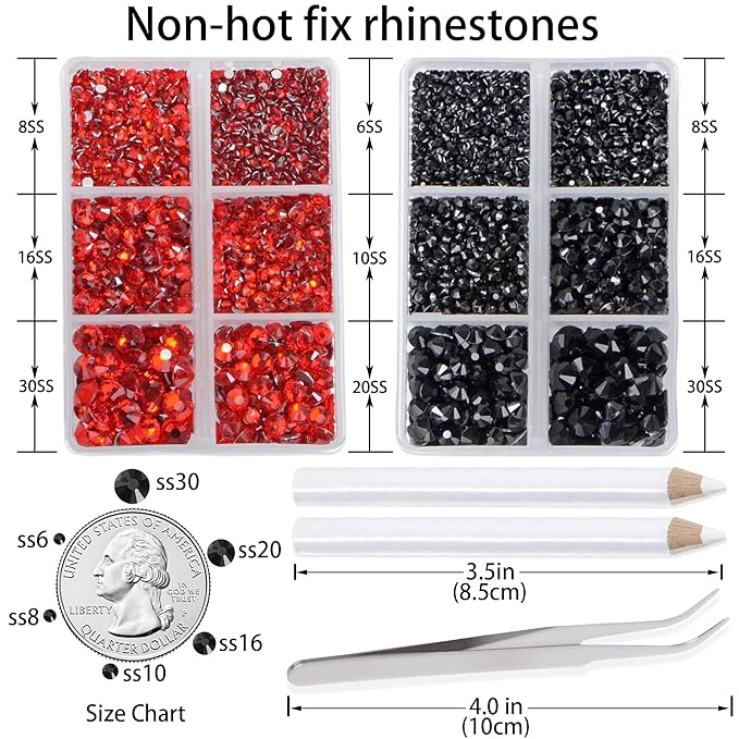 LPBeads 6000 Pieces Siam and Black Non Hotfix Rhinestones 6 Sizes Round Crystal Glass Flat Back Rhinestones with Tweezers and Picking Pen for Nail Art Crafts Clothes Bags DIY