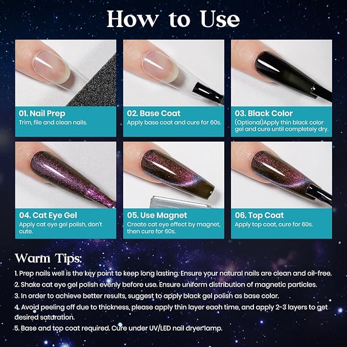 MIZHSE 9D Cat Eye Gel Nail Polish, 8 Colors Magnetic Gel Polish Set with Magnet, Starry Series Galaxy Effect Cateye Soak Off Nail Art Salon Manicure Home Gift for Women