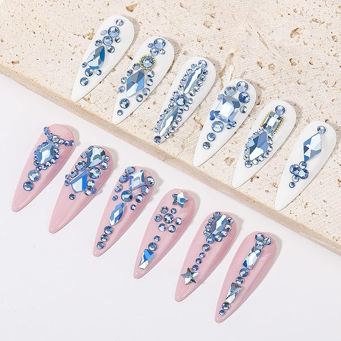 Nail Rhinestones Kit 9080PCS Flatback Rhinestones for Nail Crystals Decoration Nail Hearts Multi Shapes Mix Size and Metal Beads Pearl Gold Silver with Glue Gel and Pen Brush Tweezers(Light Blue)
