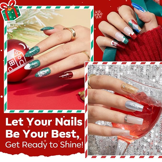 modelones Christmas Nail Polish Set 6 Colors, Red Green Burgundy Gold Silver Blue Glitter Quick Dry Mini Nail Lacquer Kit with Stickers, Winter Nail Art Manicure New Year Gift for Girls Women