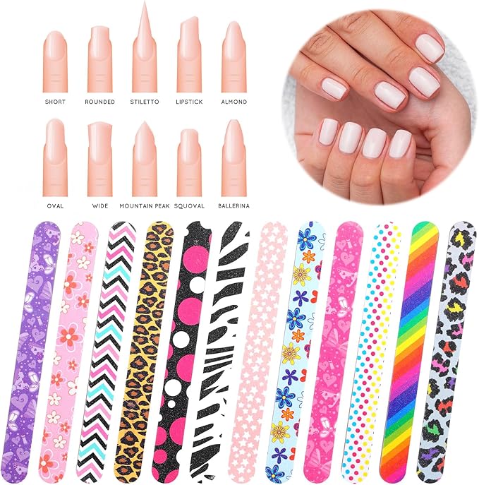 12PCS Professional Nail Files Double Sided 100 180 Grit Emery Boards Colorful Manicure Pedicure Tools for Natural Acrylic Nails Reusable Washable Nail Buffing Shaping Smoothing Filer