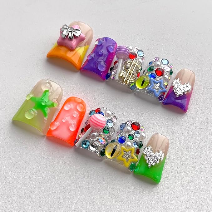 French Tip Press on Nails Handmade Short Duck 3D Thick Acrylic Nails Y2k False Nails with Bow Stars Rhinestones Lollipop Designs Cute Glossy Fake Nail Sturdy Art Press on Nail 10Pcs(M)