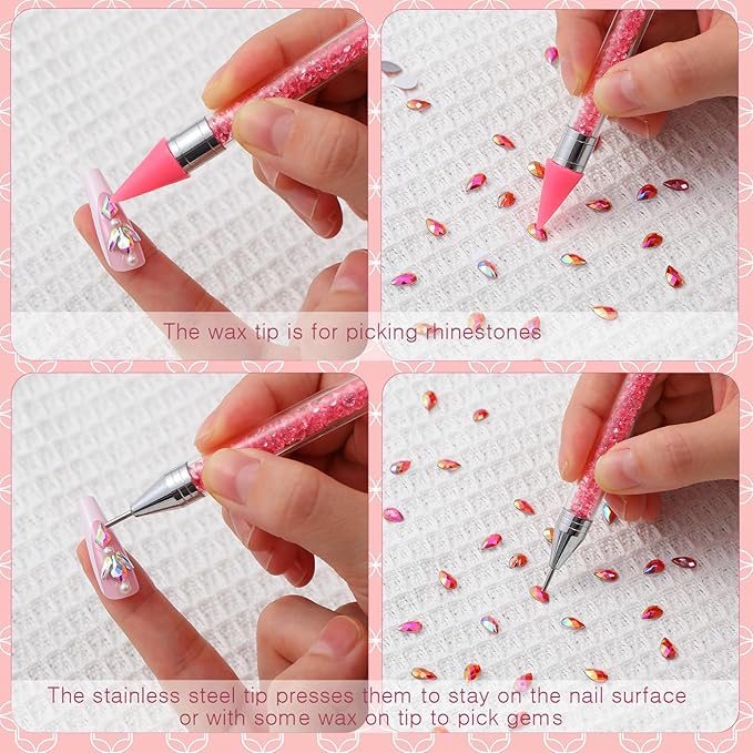 Tatuo 4 Set/26 Pcs Rhinestone Picker Tool Dotting Pen Dual-ended Nail Art Rhinestones Applicator Gems Crystals Beads Picker Wax Pencil with 20 Wax Head 2 Tweezers DIY Nail Art Tool(Pastel)