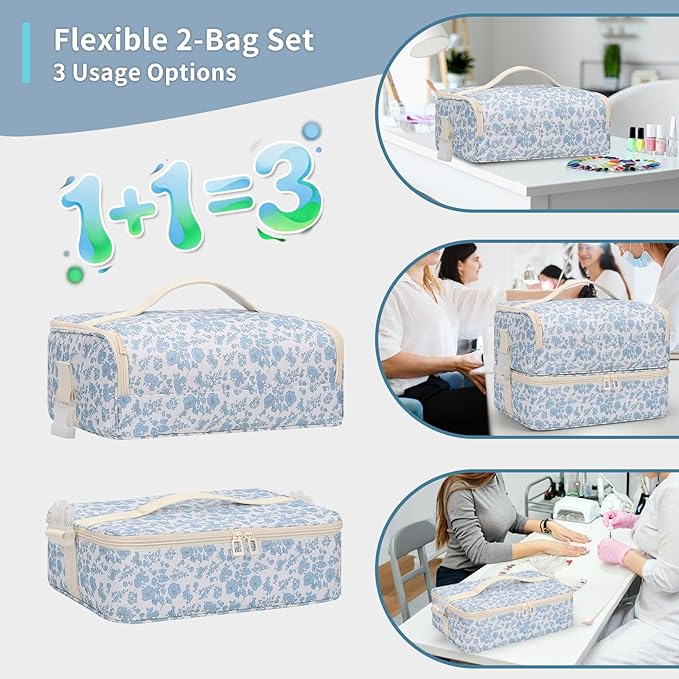 OCHEAL Nail Polish Organizer, Holds Nail Lamp and 45+ Bottles,3 Usage Modes Detachable Nail Storage Bag Travel Nail Tech Case Holds Nail Kit Stuff Manicure Tools -Floral