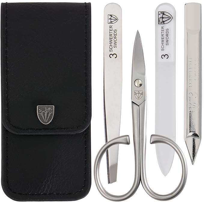 3 Swords Germany - brand quality 3 piece stainless steel INOX manicure pedicure grooming kit set for professional finger & toe nail care scissors file tweezers genuine leather case in gift box (03881)