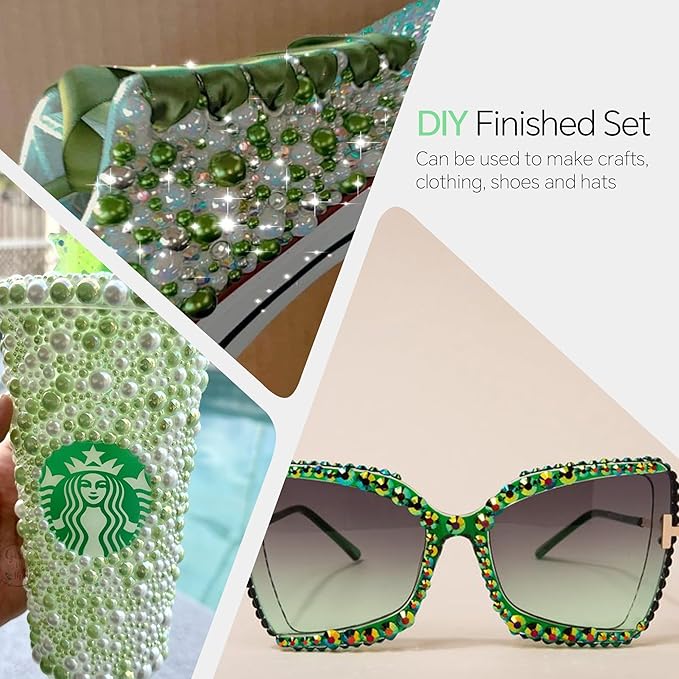 60g Cyan Green St Patricks Day Flat Back Pearls Rhinestones for Crafts Mixed Size 3mm-10mm AB Color Round Half Pearls Flatback Pearl Beads and Resin Rhinestones Set for Face Art with Glue