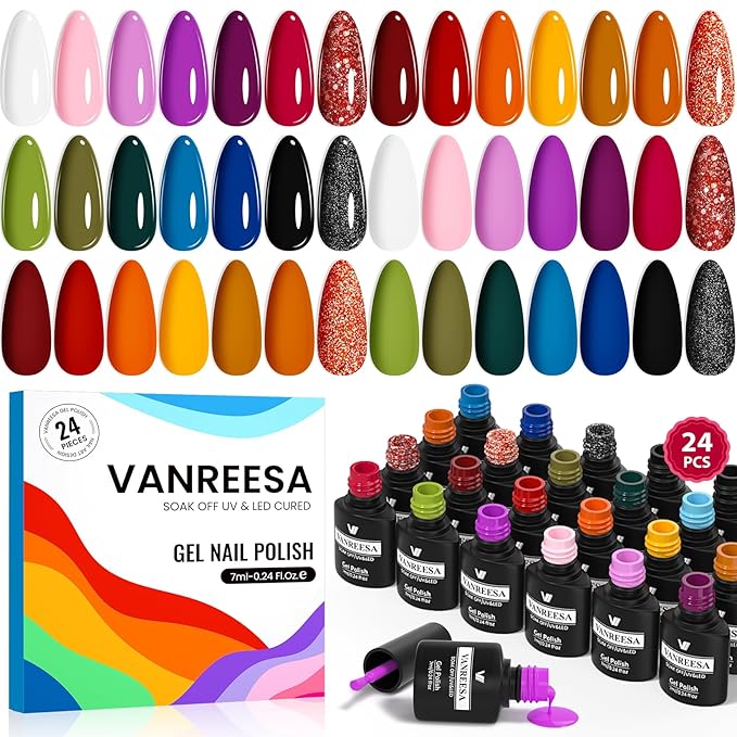 VANREESA 24 Pcs Gel Nail Polish Set, 21 Colors Christmas Gel Polish with Base Coat Glossy & Matte Top Coat Red Orange Yellow Green Blue Purple Gel Polish Kit Nail Kit Gifts for Women