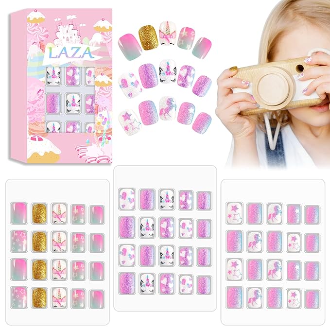 Laza 60pcs Children Nails Press On Pre-glue Full Cover Glitter Gradient Color Rainbow Sparkling Star Unicorn Shell Short False Nail Kits for Kids Teenager Girls - Purple Unicorn