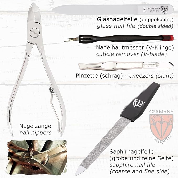 3 Swords Germany - brand quality 7 piece manicure pedicure kit set - nail care tools by 3 Swords - black genuine leather