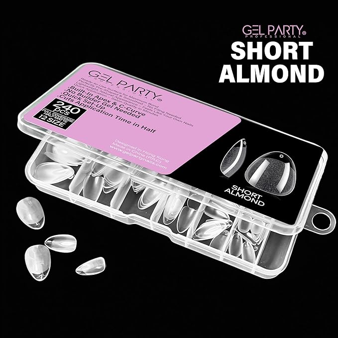 GELPARTY Soft Gel Nail Tips Short Almond - 240Pcs Pre-Buffed Matte Full Cover Tips - Natural Look, No Filing Needed, Soak Off Gel Extension System - Clear False Nails (12 Sizes)