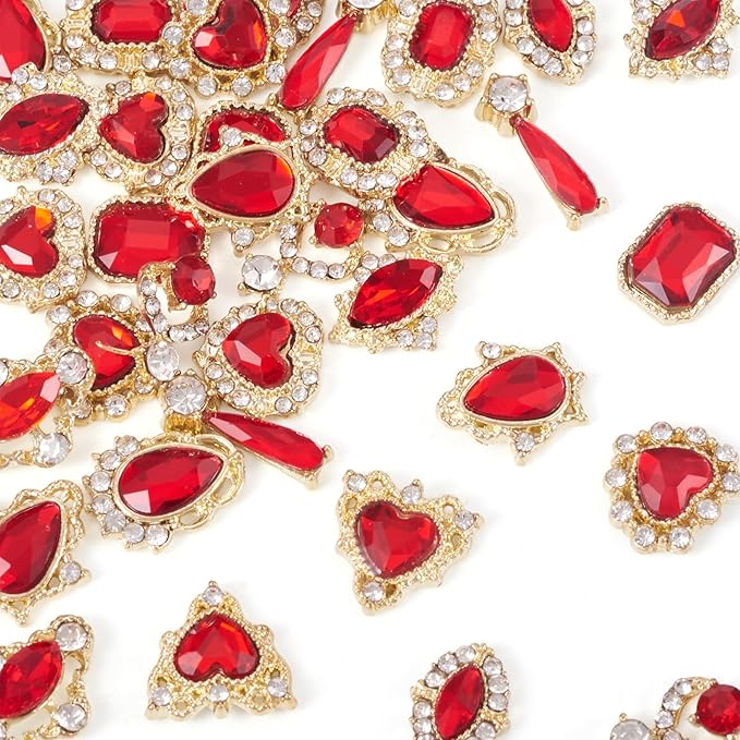 KISSITTY 48pcs Nail Art Rhinestones Flat Back Rhinestone Crystal Cabochons Red Color Heart Teardrop Rectangle Shape Small Embellishments for Nail Art Craft Decoration Jewelry Making