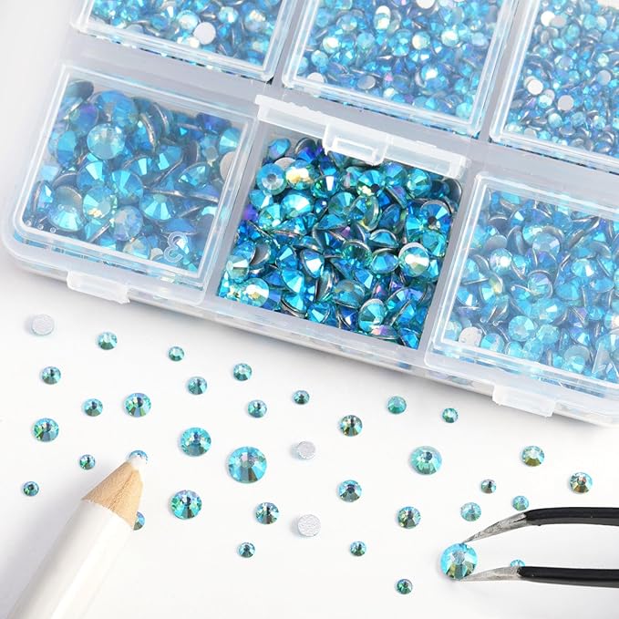 Beadsland 4300pcs Flatback Rhinestones,Blue Rhinestone Nail Gems Round Crystal Rhinestones for Crafts,Mixed 6 Sizes with Picking Tweezers and Wax Pencil Kit, SS6-SS20,Aquamarine AB