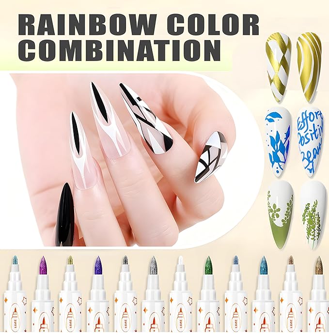 12 Colors Metallic Nail Art Pens Set, Double-Ended Nail Marker Pens for Nail Art Dotting Line Painting Designs, Water Based Quick Dry Paint Markers for DIY Manicure, Home & Salon Use