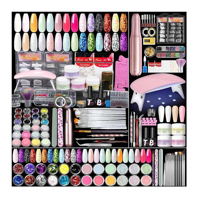 COSCELIA Acrylic Nail Kit for Beginners with Everything 4PC Acrylic Powder 24 PCS Glitter Powder Professional Nail Drill Light Rhinestones Tips Set Gifts for Women