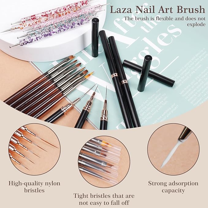 Laza 16pcs Nail Art Brushes, Dotting Tools,Nail Drawing Brush, Nail Art Liner Brushes for Long Lines,Nail Art Tool Set for Salons and Home DIY Manicure Nail Design