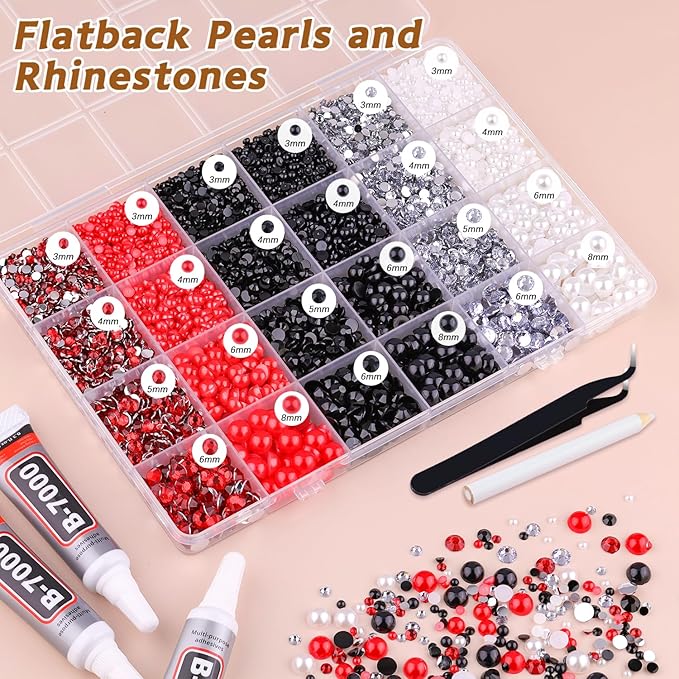 14000PCS Flatback Pearls and Rhinestones for Bedazzling Kit, Red White Black 3-10mm Resin Rhinestones and Half Pearls for Crafting, Nail Art Crafts Dec with 3pcs B7000 Jewelry Glue