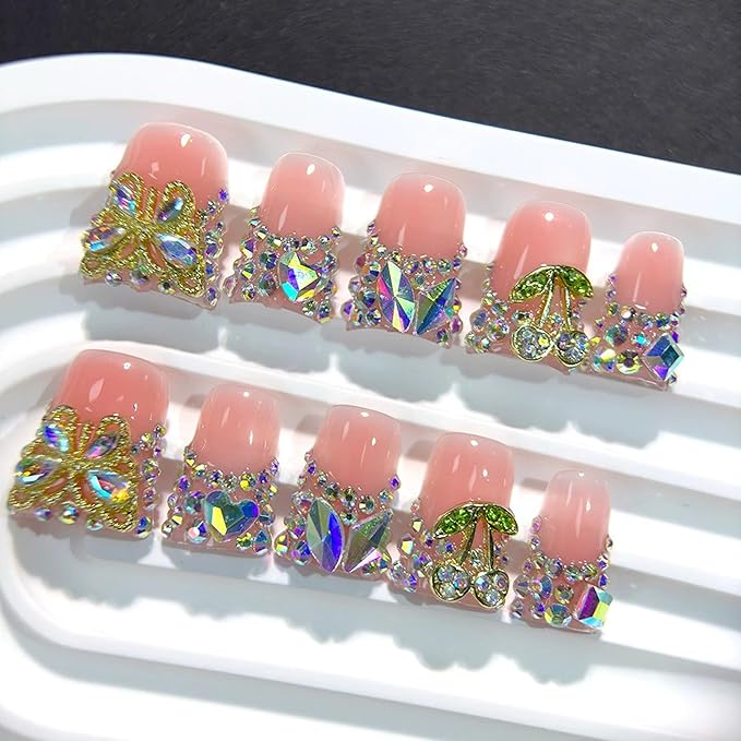 Handmade Press on Nails Luxury 3D Crystal Short Duck False Nails with Gold 3D Butterfly Designs Reusable French Tip Fake Nails Sparkly Pink Acrylic Stick on Nail for Women DIY 10Pcs(Size M)