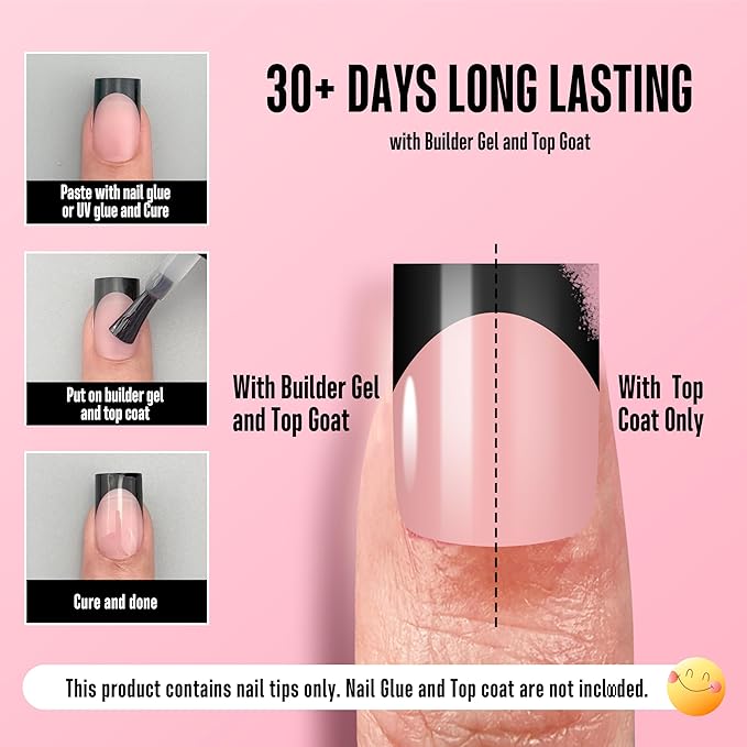 NOVO OVO Short Sharp Square Black French Tip Nail Tips Press on BABY PINK, Extra Thick NEED Nail Glue Builder Gel Top Coat, Soft Gel Full Cover Fake Flase Nail Extension for DIY x 15 Sizes 240 pcs