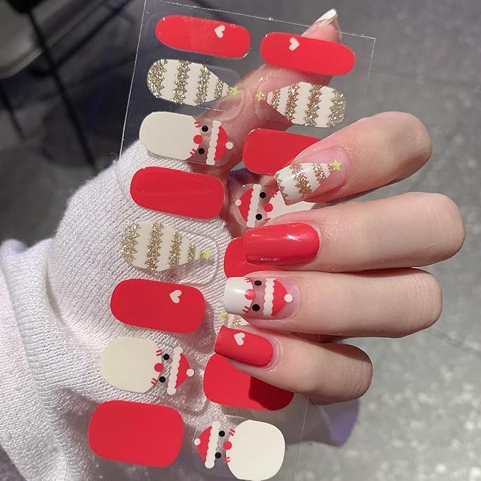 8 Sheets Christmas Nail Wraps Full Stickers Nail Polish Strips, DIY Self-Adhesive Glitter Nail Art Decals Snowflake Santa Claus Xmas Tree Red Green Party Decor with 1 Pcs Nail Files (128 Pieces)
