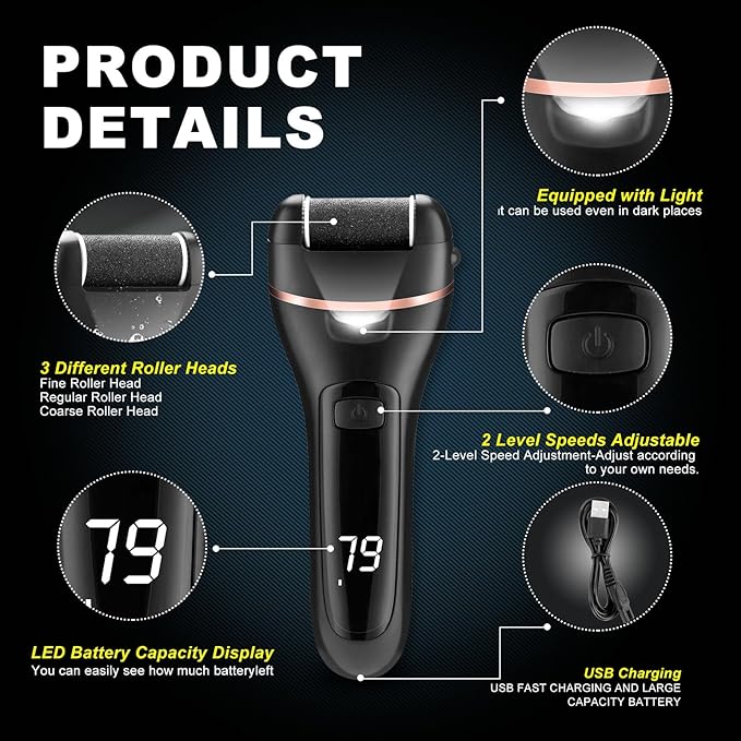 Electric Foot Callus Remover with 3 Roller Heads 2 Speed Rechargeable,Professional Pedicure Pedicure Kit Waterproof Foot Scrubber File,Pedicure Tools,Foot Care for Dead Hard Cracked Dry Skin