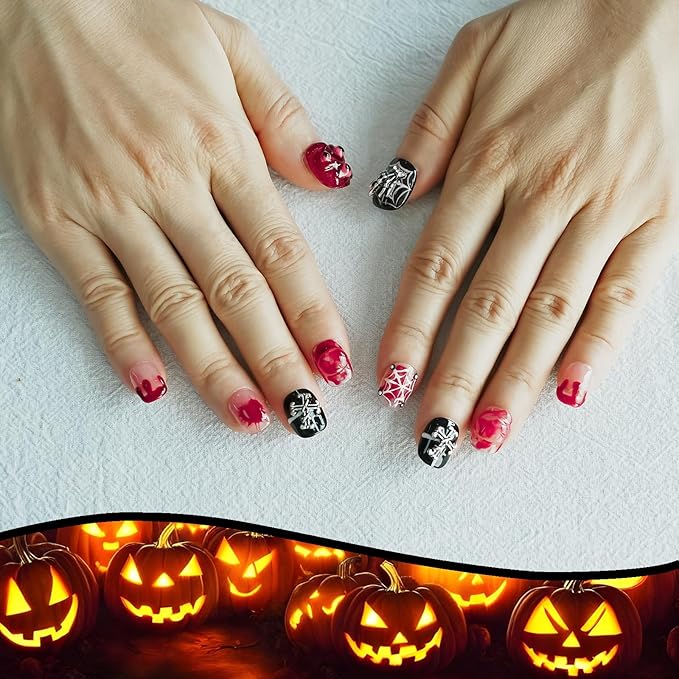 Nightmare Before Christmas Press on Nails Dark Gothic Fake Nails - Short Black White Square Nails with Spider Skeleton Cross Eyes Charms Shiny Artificial Stick on Nails for Women (Halloween Monster,M)