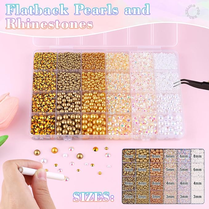 14000Pcs Flatback Pearls and Rhinestones for Bedazzling, White Brown Mixed Size 3-8mm Resin Rhinestones and Half Pearls for Crafting, Nail Art Grad Cap Decoration with Tweezers and Pickup Pencil