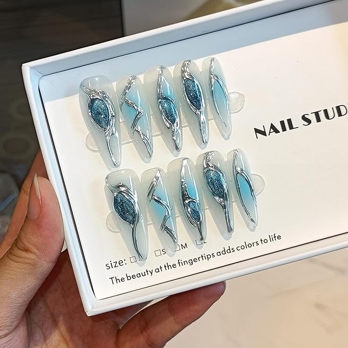 10PCS Long Stiletto Press on Nails with Tools Kit - Icy Ocean Blue Cat Eye & Metallic Liquid Design Glue on Nails | Rebel Glam 3D Relief Fake Nails | Long Sparkling Mermaid False Nails(XS)