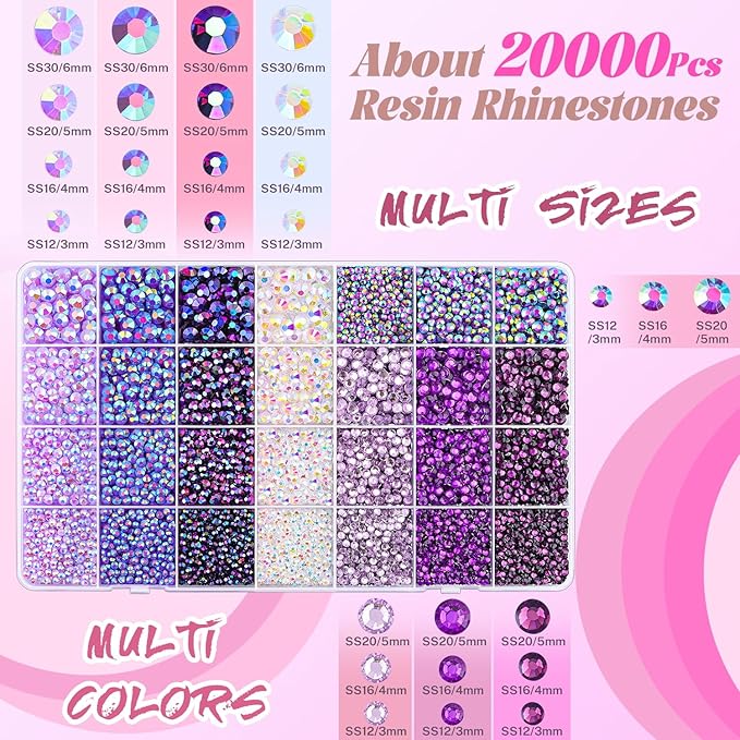 20000Pcs Purple Rhinestones for Bedazzling with 1Pcs B7000 Jewelry Glue, Resin Rhinestones for Crafting Crafts DIY, Bedazzler Kit Gems for Clothing Shoes Tumblers Nail Art Assorted Size 3/4/5/6mm