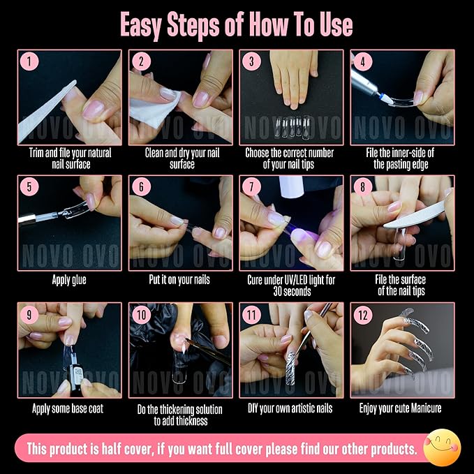 NOVO OVO Half Cover XXL Curved Nail Tips, Square Shallow Paste Soft Gel x Long L XL XXXL Hawk Curve Claw 90s' Y2K Fake Nails Extension kit, Clear Soft French False Nail for Acrylic 12 Sizes 240pc