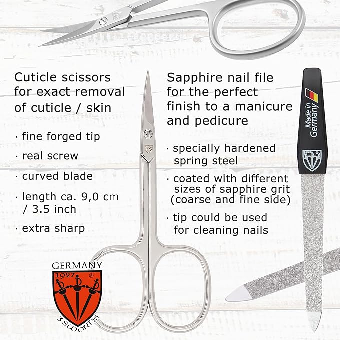 3 Swords Germany - Brand Quality 6 Piece Manicure Pedicure Grooming kit Set - Scissors, Metal and Glass Nail File, Clipper, Tweezers with Synthetic Leather case - Snake