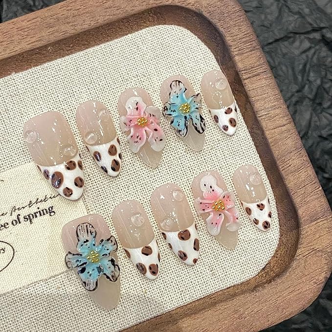 Handmade Press on Nails French Leopard Press on Nails Medium Almond Fake Nails 3D Blue Flower Embossed False Nails Designs Full Cover Acrylic Nails for Women Girls DIY Manicure Decorations (Size M)