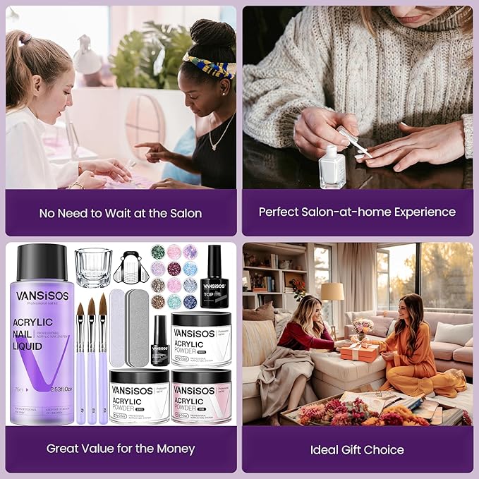 Acrylic Nail Kit for Beginners:Nails Kit Acrylic Set with 3PC Acrylic Powder 75ml Acrylic Liquid Set with Glitter Powder Top Coat Nail Tools Perfect Acrylic Nail Kit for DIY Nail Art at Home