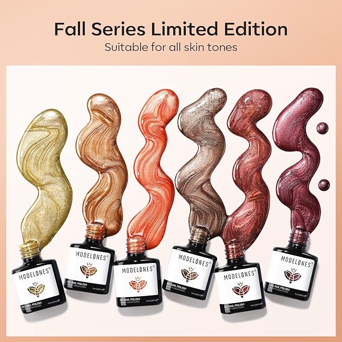 modelones Fall Gel Nail Polish Set, 6 Colors Glitter Brown Orange Red Yellow Nail Drawing Swirl Shell Thread Effect Gel Polish Kit Soak Off Led Nail Gel Polish DIY Mani Gift
