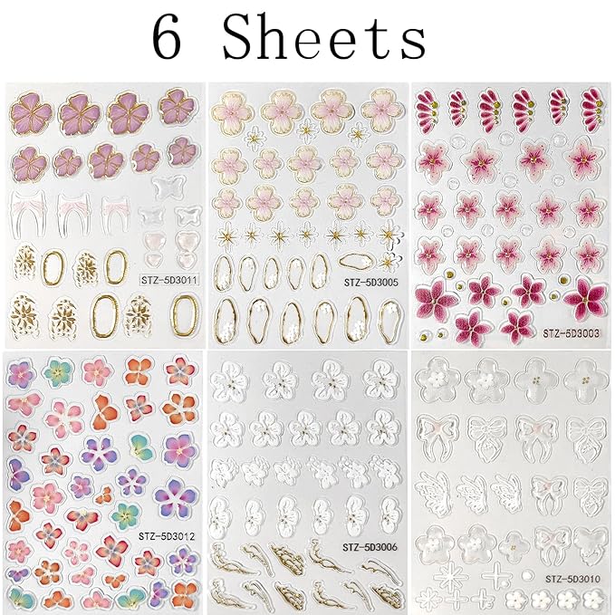 Flower Nail Art Stickers 5D Embossed Nail Decals Spring Summer Colorful Flower Nails Design Self-Adhesive 3D Accessories for Women Nails DIY Decoration(6 Sheets)