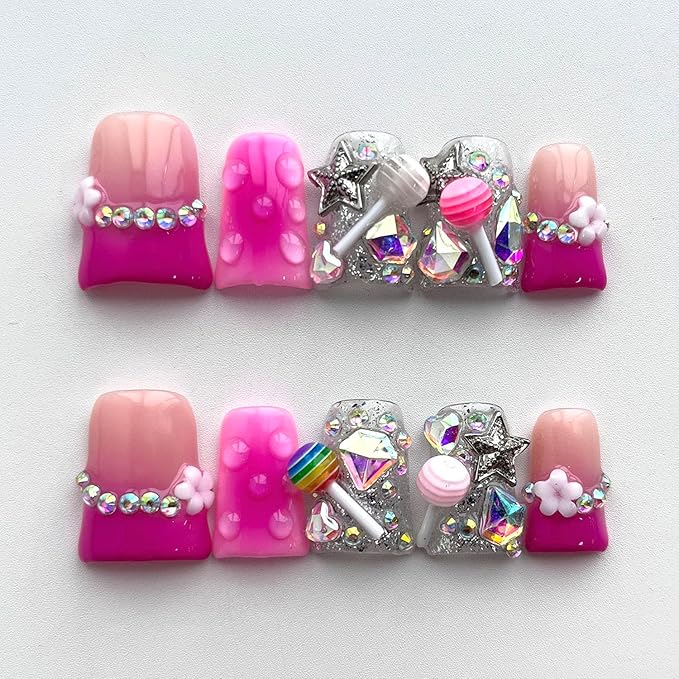 French Tip Press on Nails Handmade Short Duck 3D Thick Acrylic Nails Cute False Nails with Lollipop Stars Flower Designs Pink Glossy Fake Nail Sturdy Art Press on Nail 10Pcs(S)