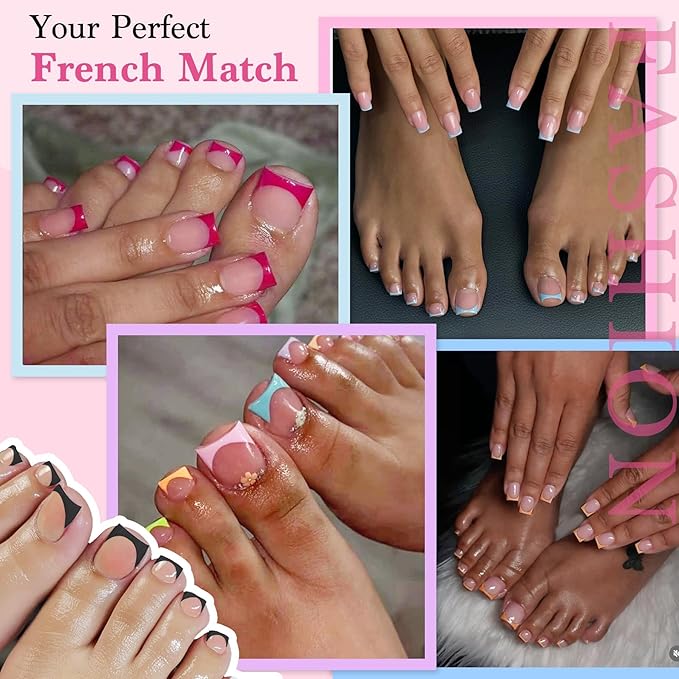 15 Sizes 300 PCS Press on Toenails for Women, 10 Rainbow Colors Fake Toe Nail Sharp Square, Brighter Pastel French False Nails Tip Pre-applied Primer& Base Coat, Need Builder Nail Gel& Top Coat